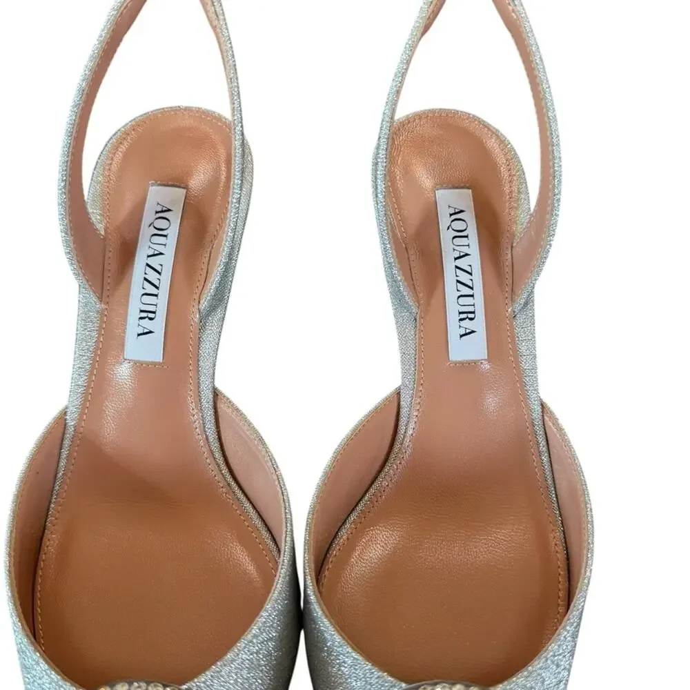 Aquazzura Crystal Hoop 50 Slingback Pumps Kitten Heel Silver NEW EU 37 US 7